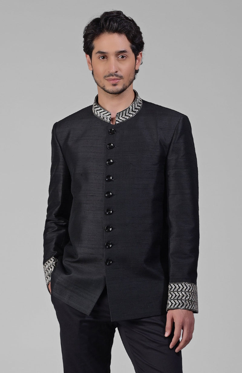 Charcoal Grey Zardozi Hand Embroidered Silk Bandhgala Jacket
