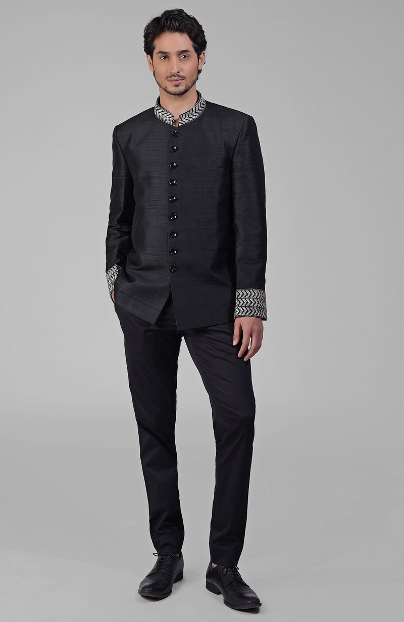 Charcoal Grey Zardozi Hand Embroidered Silk Bandhgala Jacket