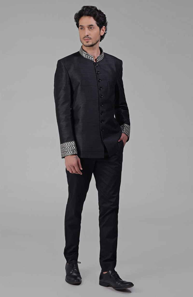 Black Zardozi Hand Embroidered Silk Bandhgala Jacket Set