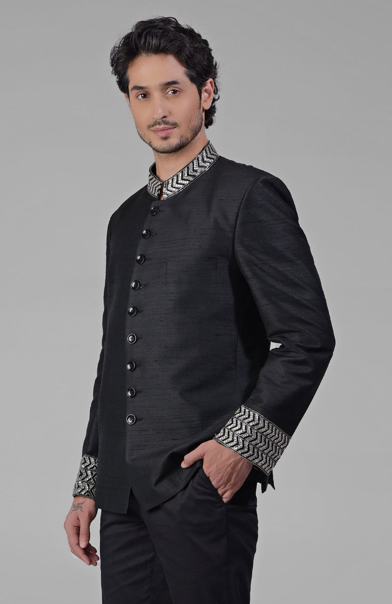 Charcoal Grey Zardozi Hand Embroidered Silk Bandhgala Jacket