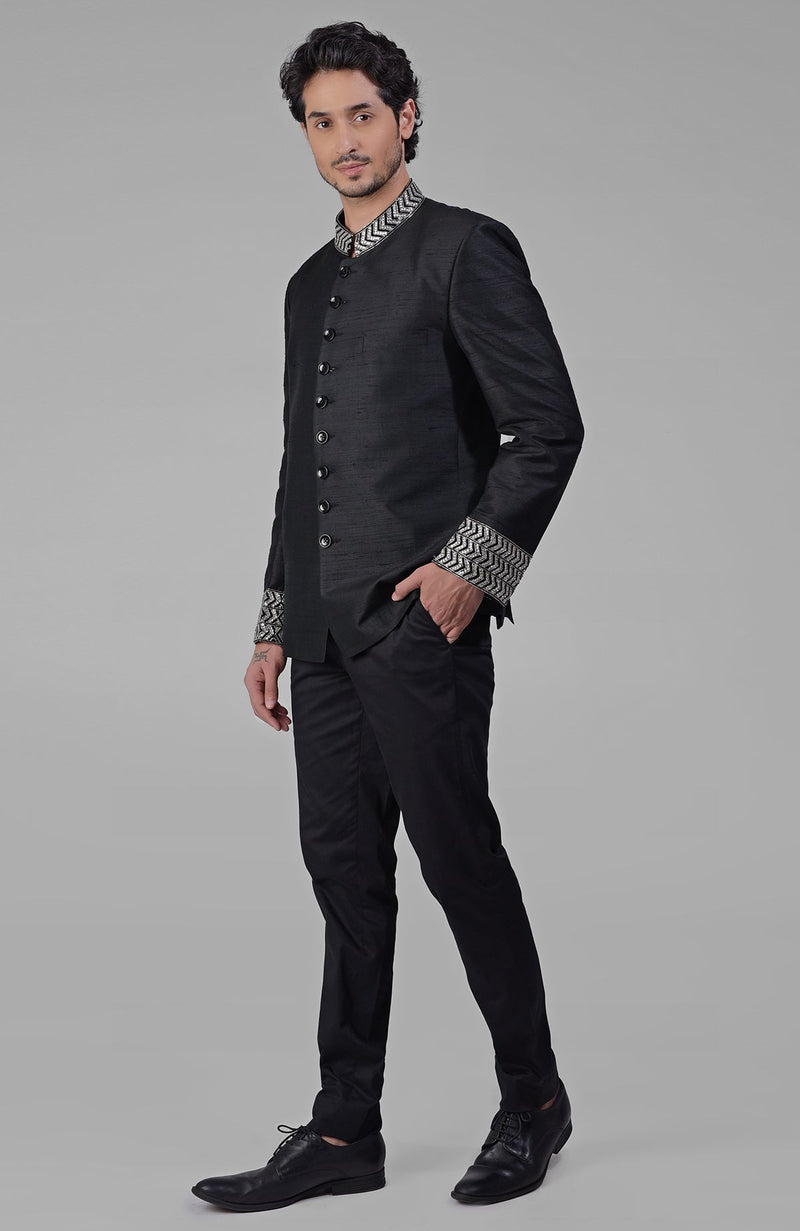 Charcoal Grey Zardozi Hand Embroidered Silk Bandhgala Jacket