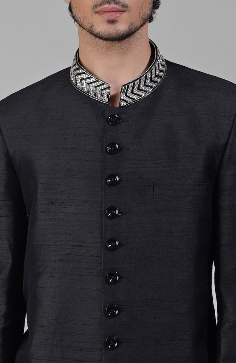 Charcoal Grey Zardozi Hand Embroidered Silk Bandhgala Jacket