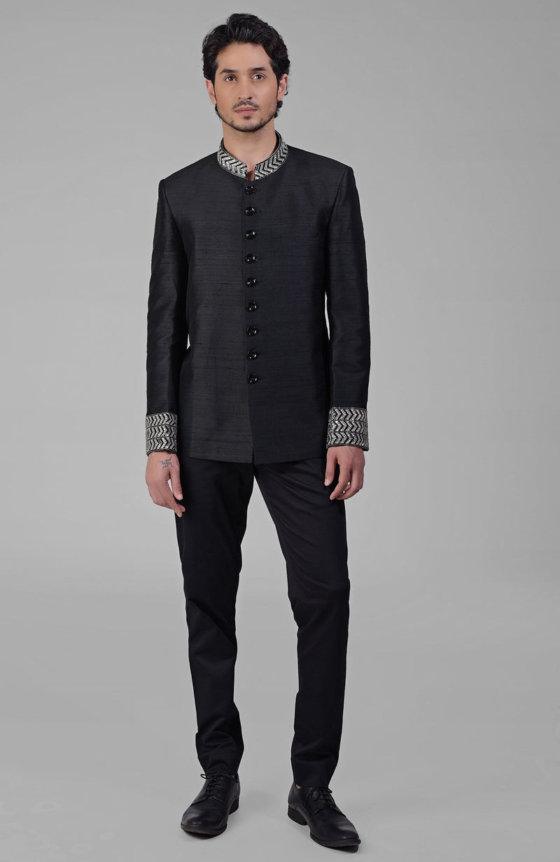 Charcoal Grey Zardozi Hand Embroidered Silk Bandhgala Jacket