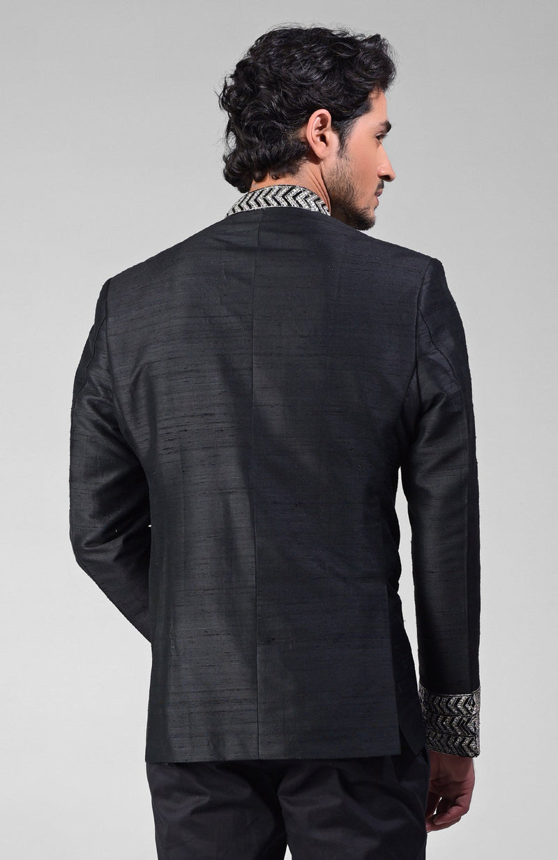 Charcoal Grey Zardozi Hand Embroidered Silk Bandhgala Jacket