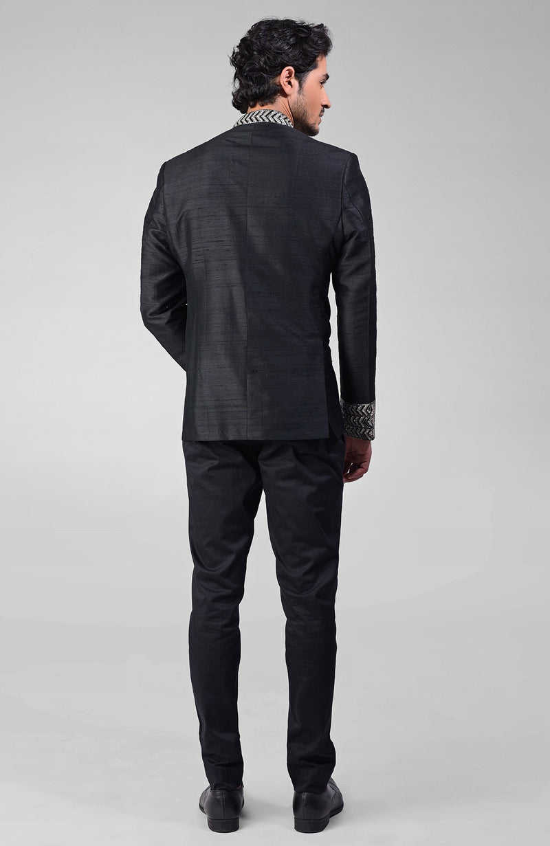Charcoal Grey Zardozi Hand Embroidered Silk Bandhgala Jacket