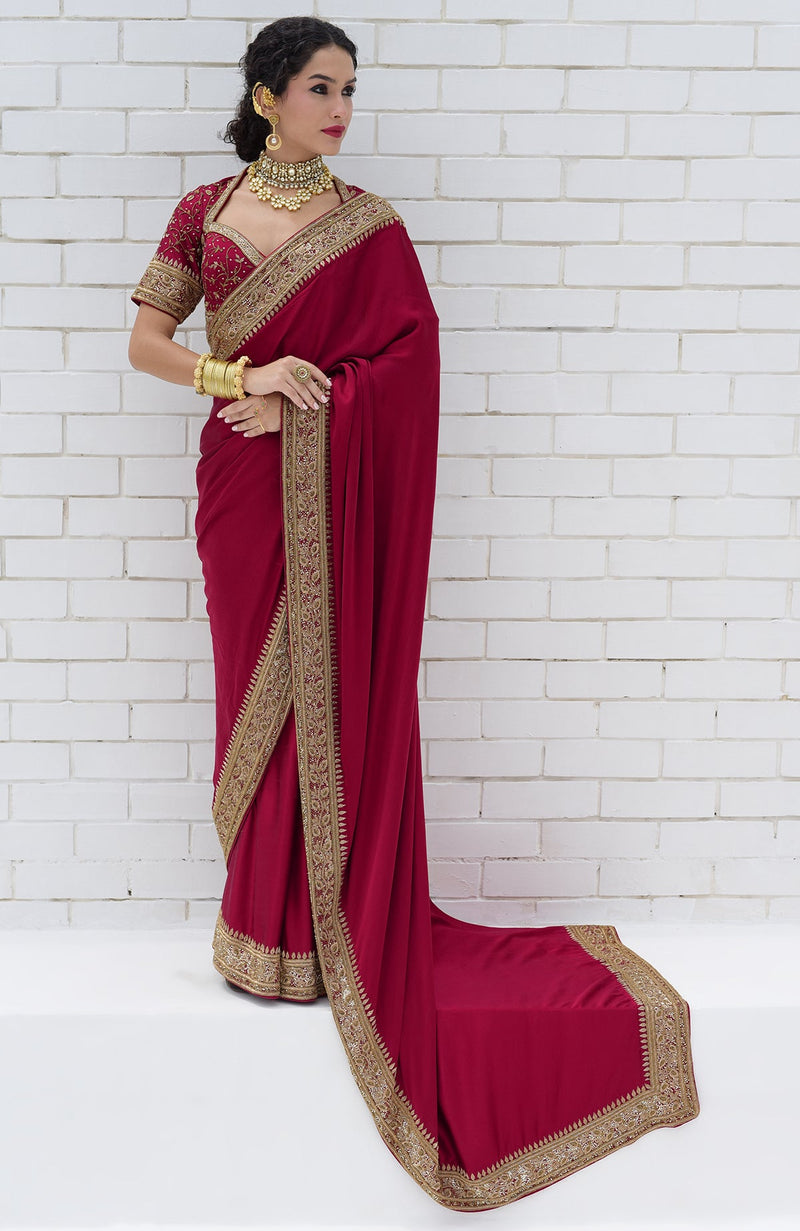 Blood Red- Gold Zardozi Hand Embroidered Pure Silk Saree