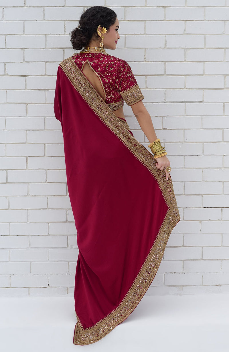 Blood Red- Gold Zardozi Hand Embroidered Pure Silk Saree