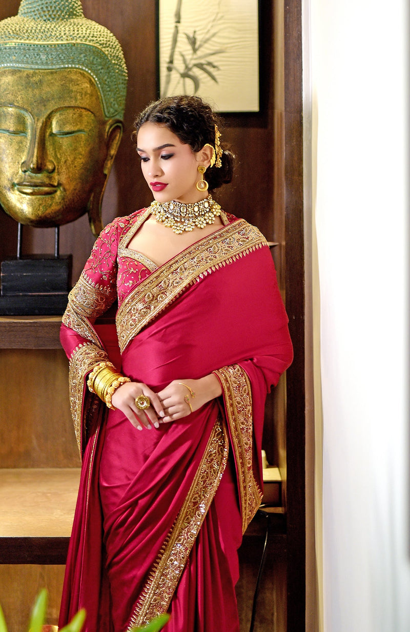 Blood Red- Gold Zardozi Hand Embroidered Pure Silk Saree