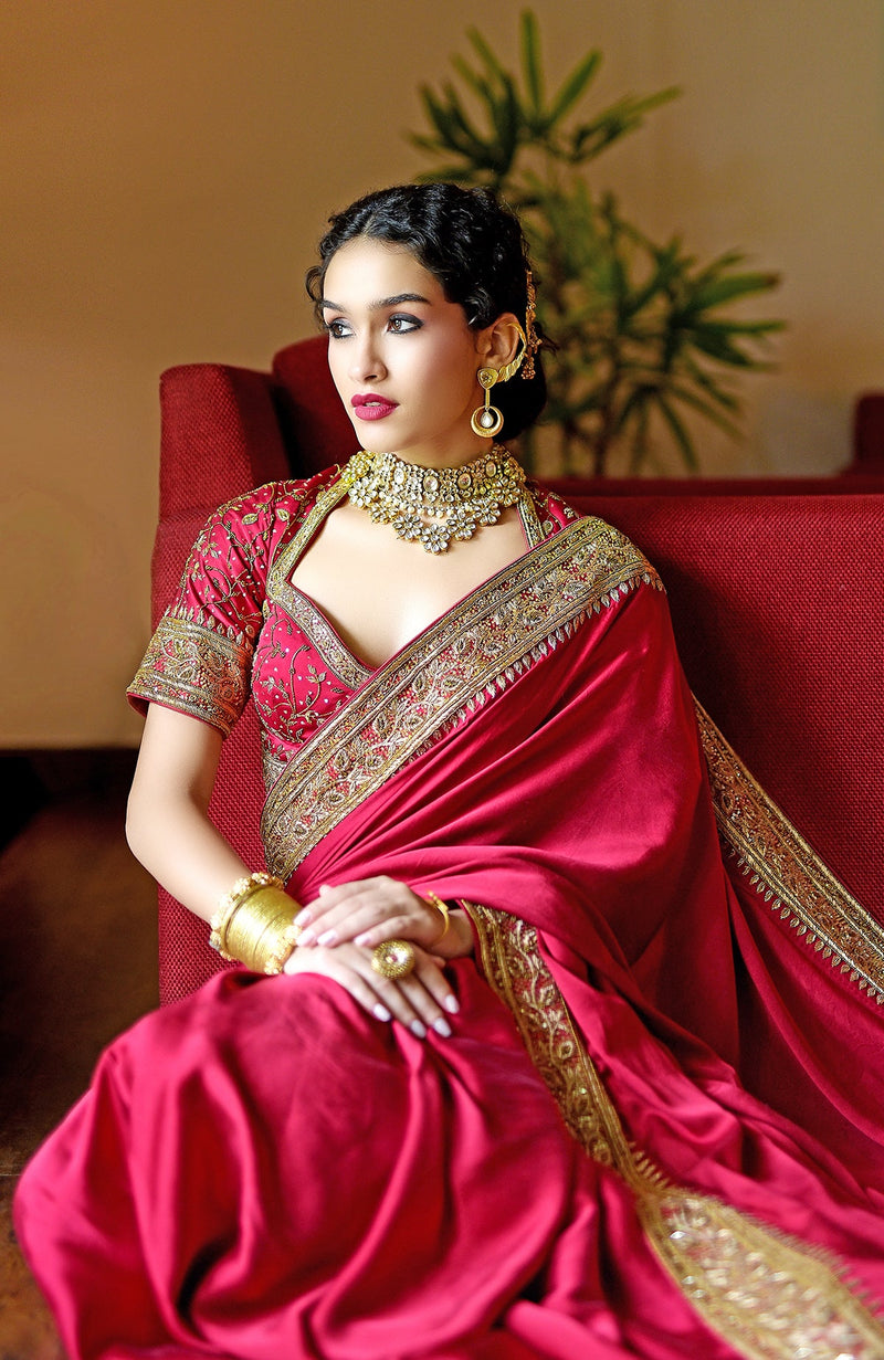 Blood Red- Gold Zardozi Hand Embroidered Pure Silk Saree