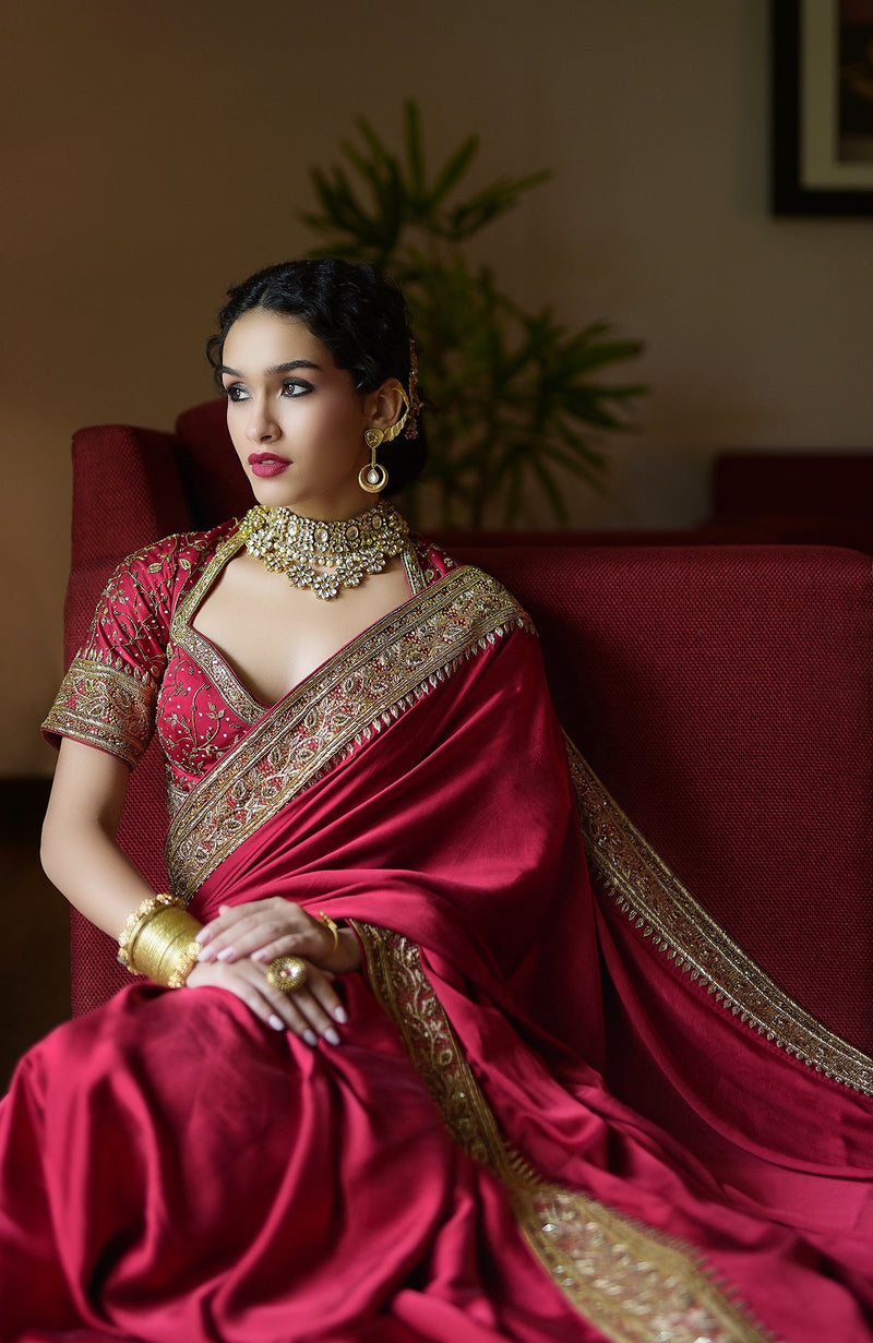 Blood Red- Gold Zardozi Hand Embroidered Pure Silk Saree