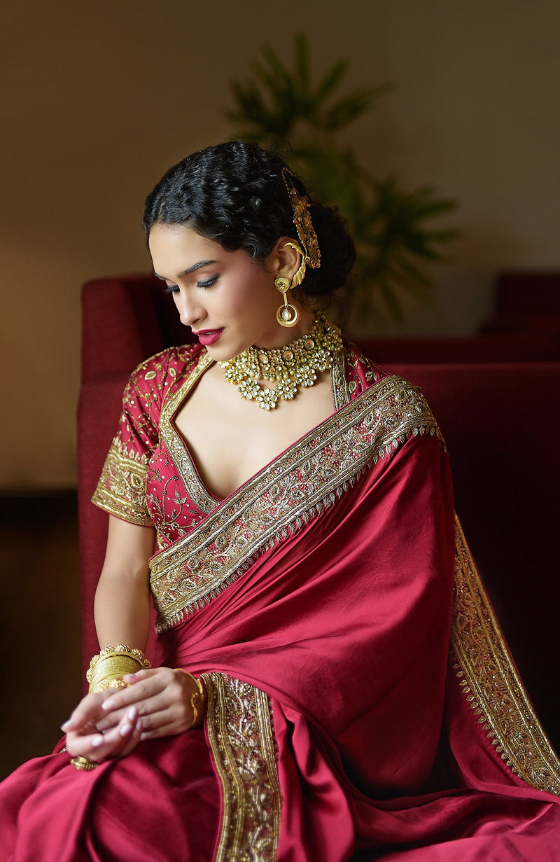 Blood Red- Gold Zardozi Hand Embroidered Pure Silk Saree