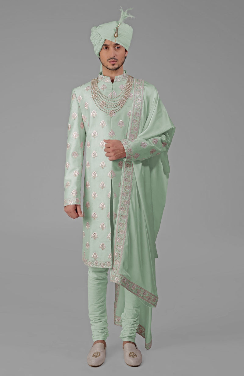 Yours Dusty Blue Embroidered Sherwani Set