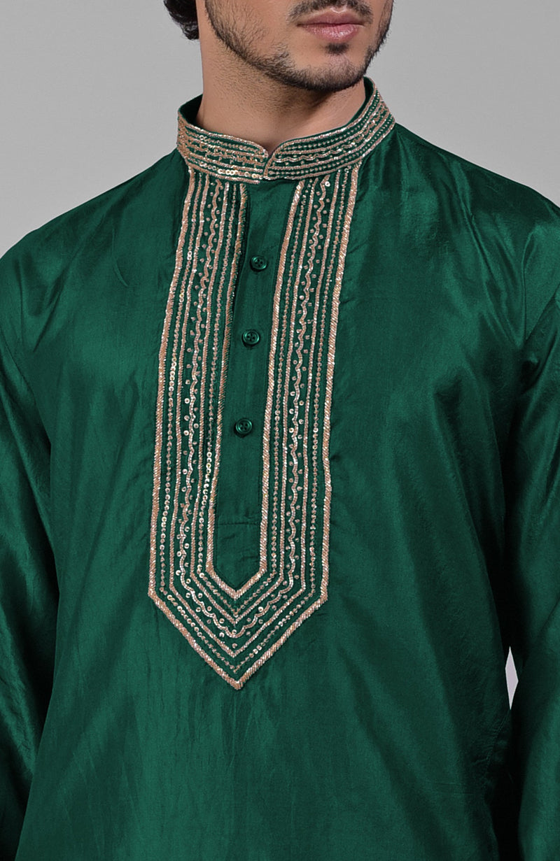 Dark Emerald Zardozi Hand Embroidered Pure Silk Kurta