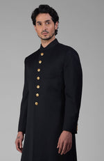 Timeless Black Pure Silk Sherwani Set With Gold Plated Buttons