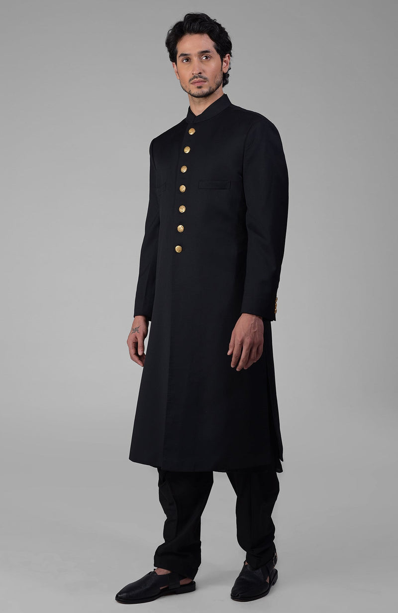 Timeless Black Pure Silk Sherwani Set With Gold Plated Buttons