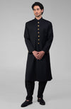 Timeless Black Pure Silk Sherwani Set With Gold Plated Buttons