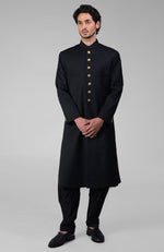 Timeless Black Pure Silk Sherwani Set With Gold Plated Buttons