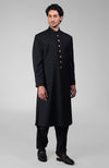 Timeless Black Pure Silk Sherwani Set With Gold Plated Buttons