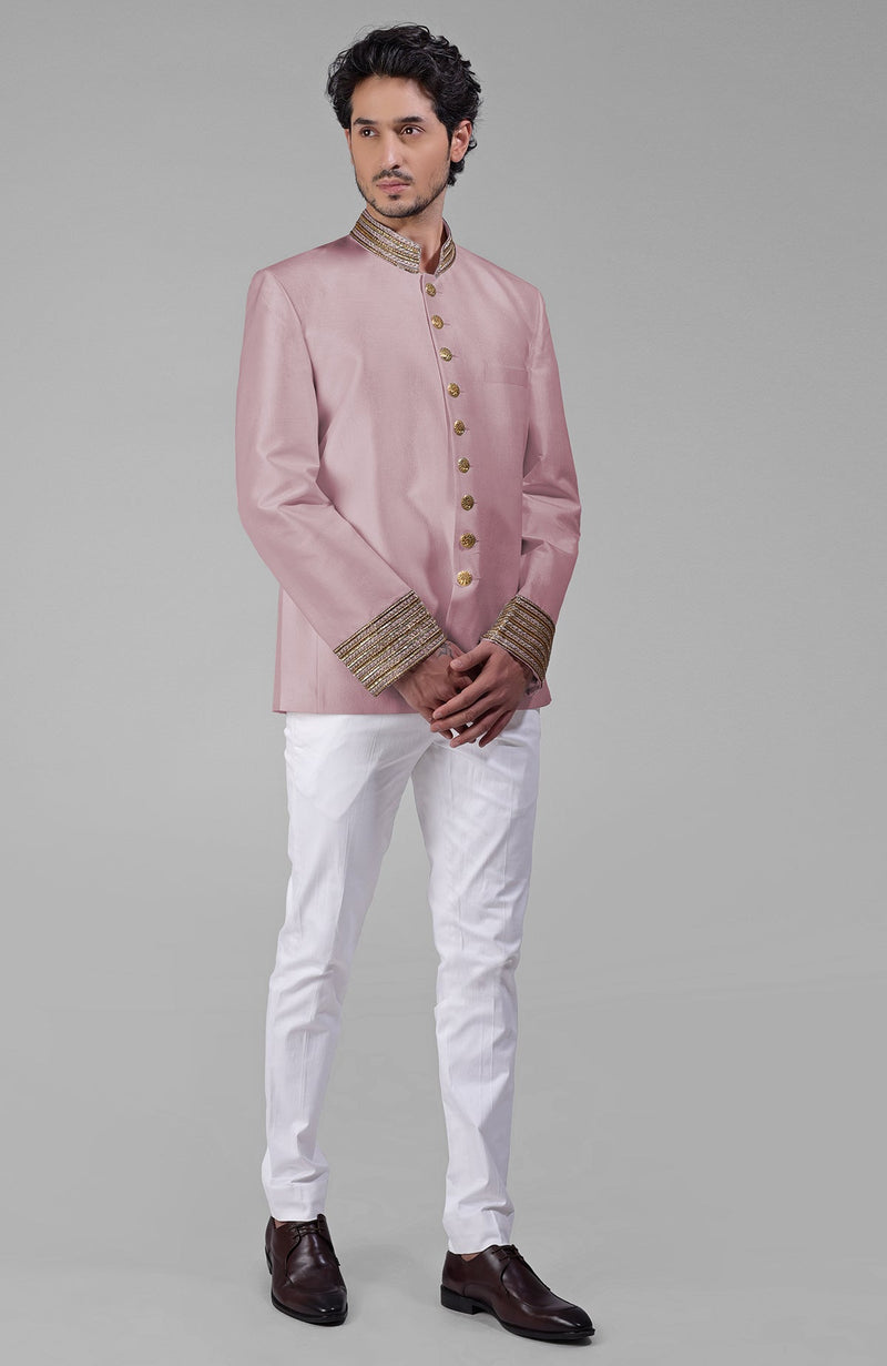 Navy Blue Zardozi Hand Embroidered Silk Bandhgala Jacket Set