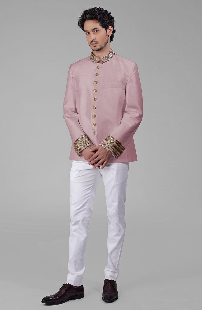 Gold Zardozi Hand Embroidered Silk Bandhgala Jacket Set