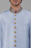 Dusty Blue-Gold Zardozi Hand Embroidered Silk Bandhgala Jacket Set