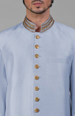Dusty Blue-Gold Zardozi Hand Embroidered Silk Bandhgala Jacket Set
