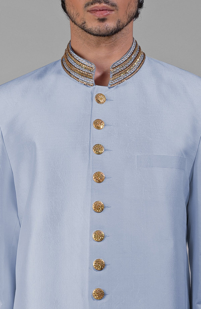 Dusty Blue-Gold Zardozi Hand Embroidered Silk Bandhgala Jacket Set