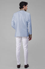 Dusty Blue-Gold Zardozi Hand Embroidered Silk Bandhgala Jacket Set