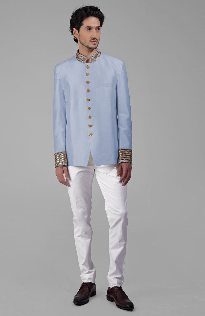 Dusty Blue-Gold Zardozi Hand Embroidered Silk Bandhgala Jacket Set