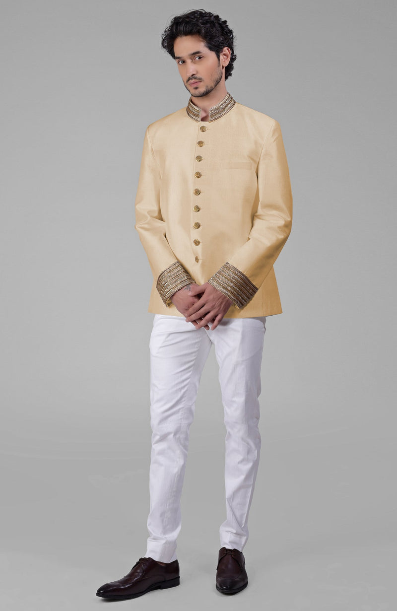 Dusty Blue-Gold Zardozi Hand Embroidered Silk Bandhgala Jacket Set