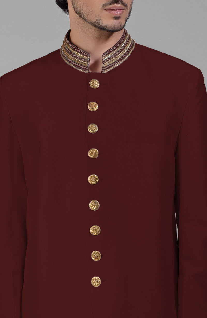Maroon Zardozi Hand Embroidered Silk Bandhgala Jacket Set