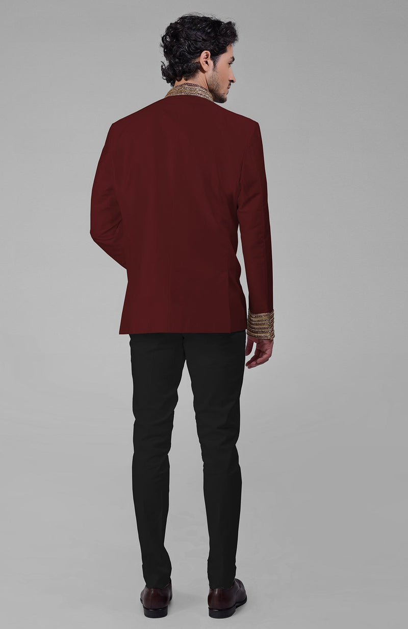 Maroon Zardozi Hand Embroidered Silk Bandhgala Jacket Set