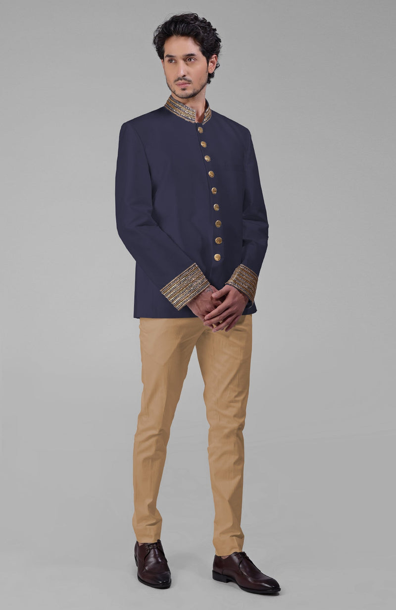 Navy Blue Zardozi Hand Embroidered Silk Bandhgala Jacket Set