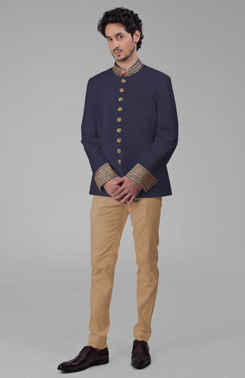 Dusty Blue-Gold Zardozi Hand Embroidered Silk Bandhgala Jacket Set