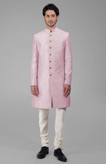 Dusty Blue Pure Silk Sherwani Set With Gold Buttons