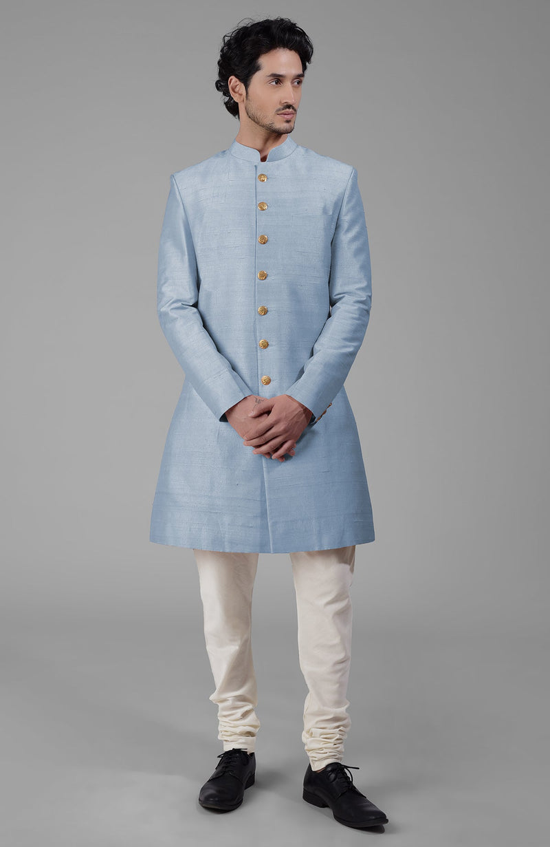 Dusty Blue Pure Silk Sherwani Set With Gold Buttons