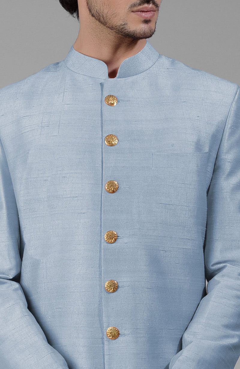 Dusty Blue Pure Silk Sherwani Set With Gold Buttons