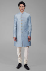Elderberry Pure Silk Sherwani Set With Gold Buttons