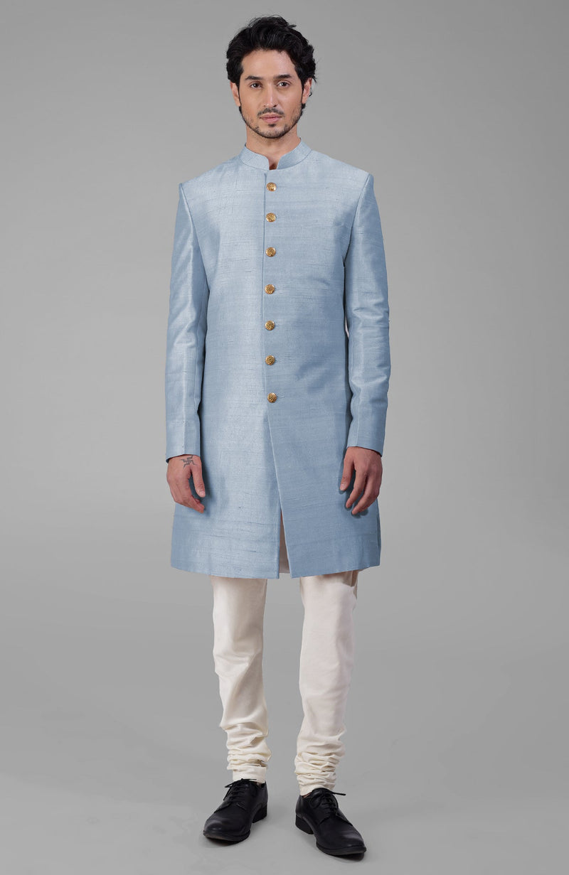 Dusty Blue Pure Silk Sherwani Set With Gold Buttons