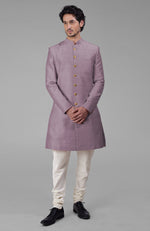 Peach Pure Silk Sherwani Set With Gold Buttons