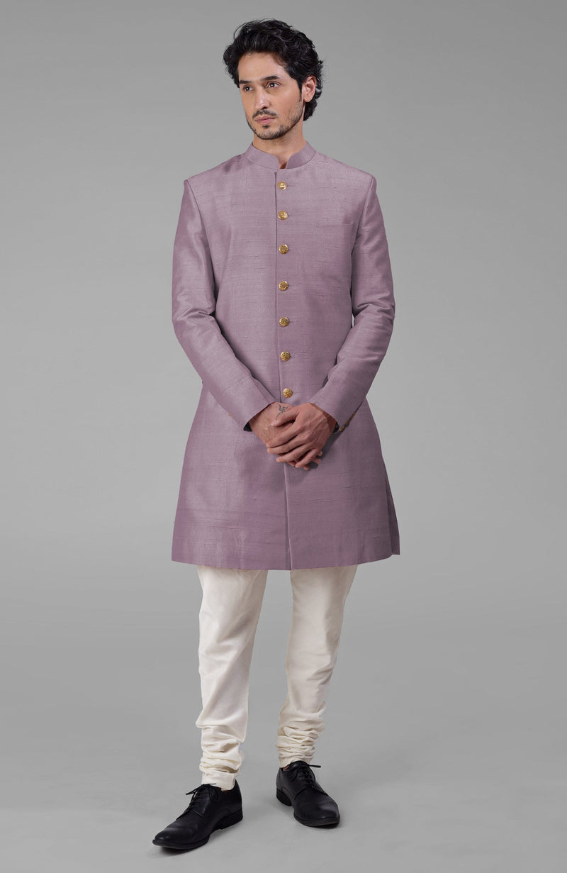 Peach Pure Silk Sherwani Set With Gold Buttons