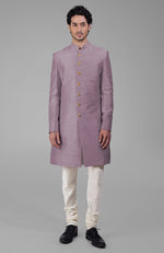 Dusty Blue Pure Silk Sherwani Set With Gold Buttons