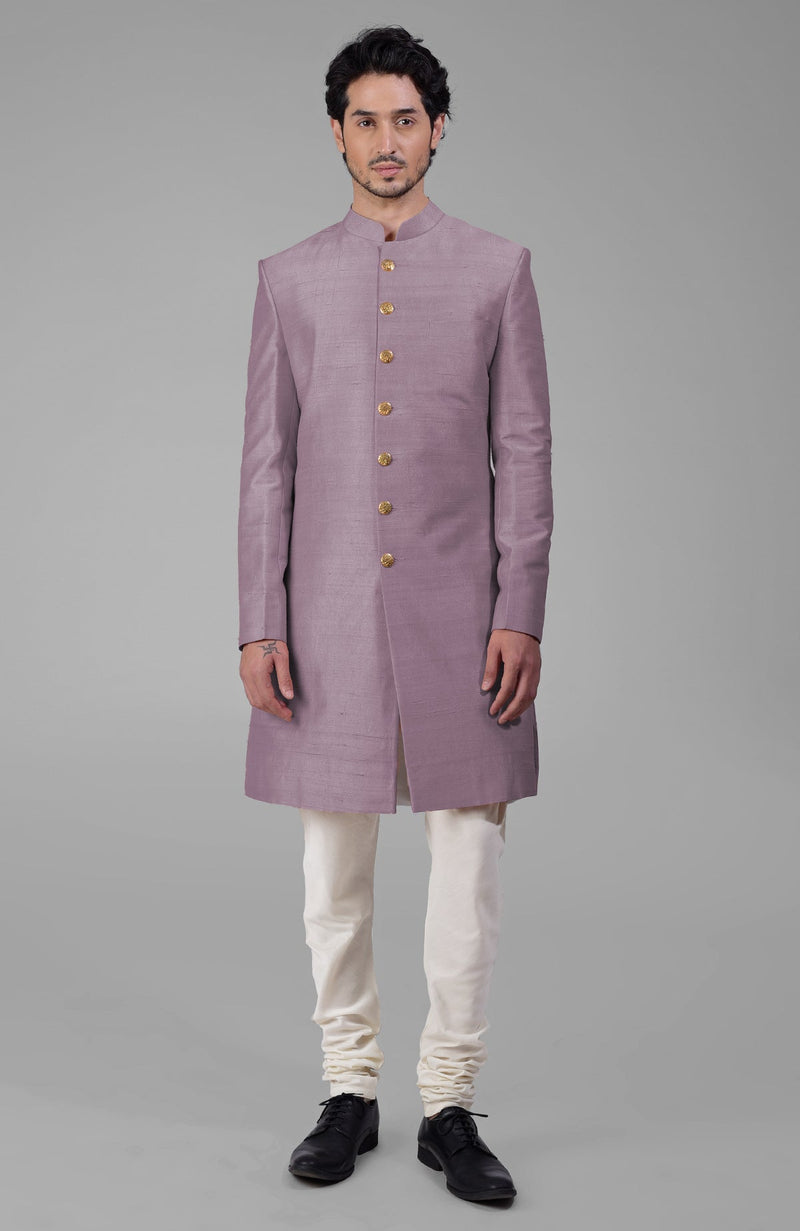 Dusty Blue Pure Silk Sherwani Set With Gold Buttons