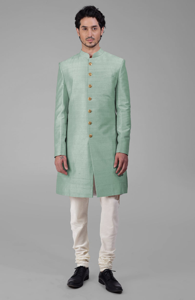 Dusty Blue Pure Silk Sherwani Set With Gold Buttons