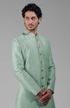Gossamer Green Pure Silk Sherwani Set With Gold Buttons