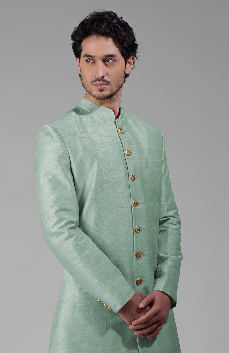 Gossamer Green Pure Silk Sherwani Set With Gold Buttons