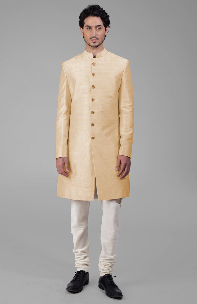 Dusty Blue Pure Silk Sherwani Set With Gold Buttons