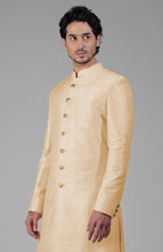 Light Gold Pure Silk Sherwani Set With Gold Buttons