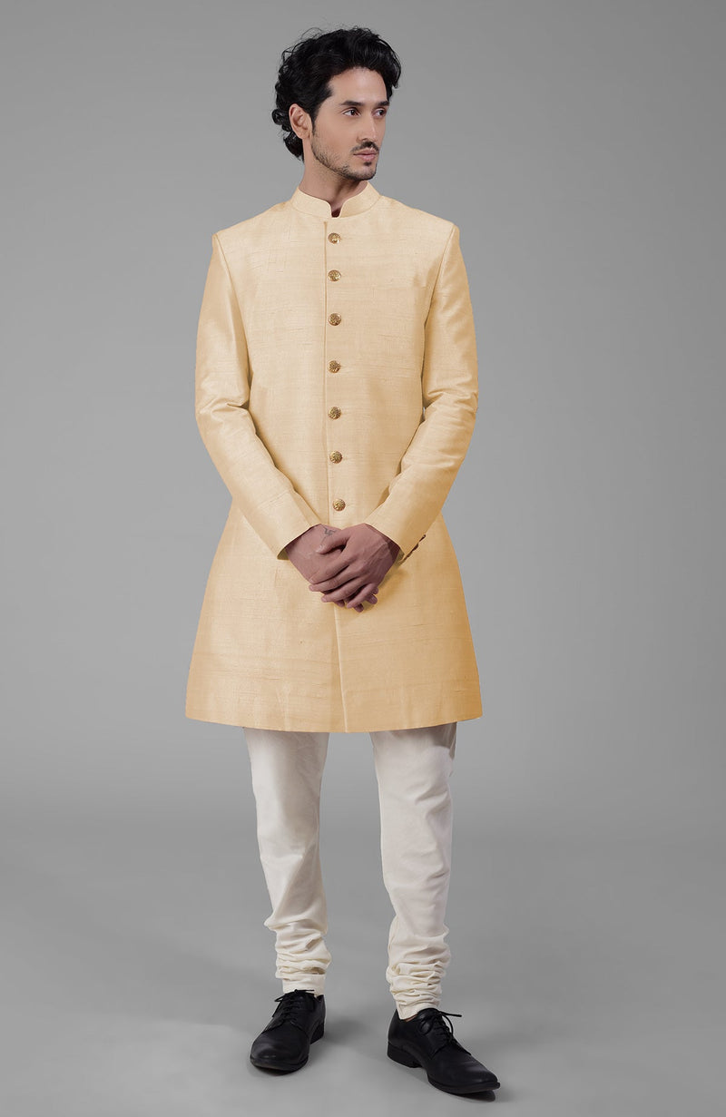 Light Gold Pure Silk Sherwani Set With Gold Buttons