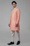 Peach Pure Silk Sherwani Set With Gold Buttons